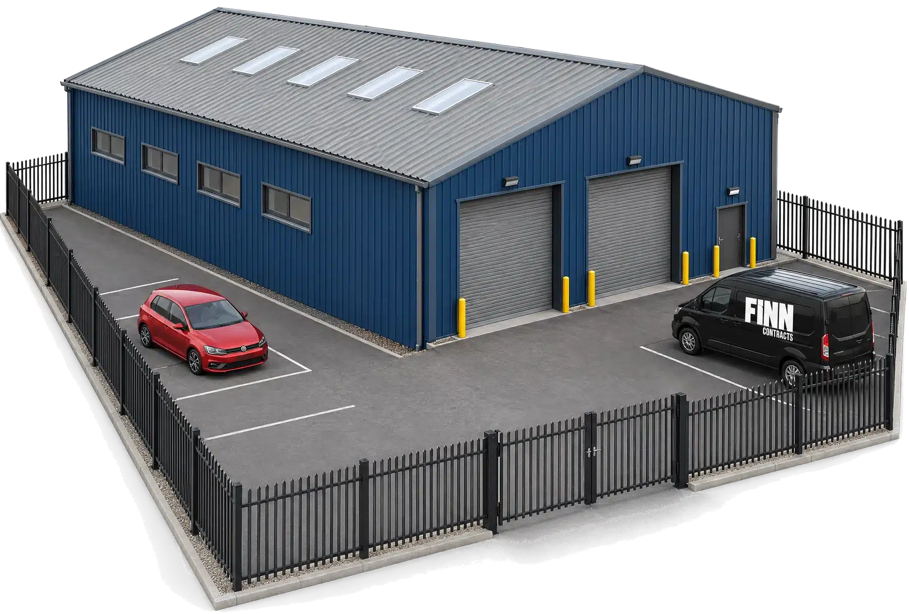 Exterior Of An Industrial Unit Showing Roofing, Cladding, Doors, Fencing And Car Park